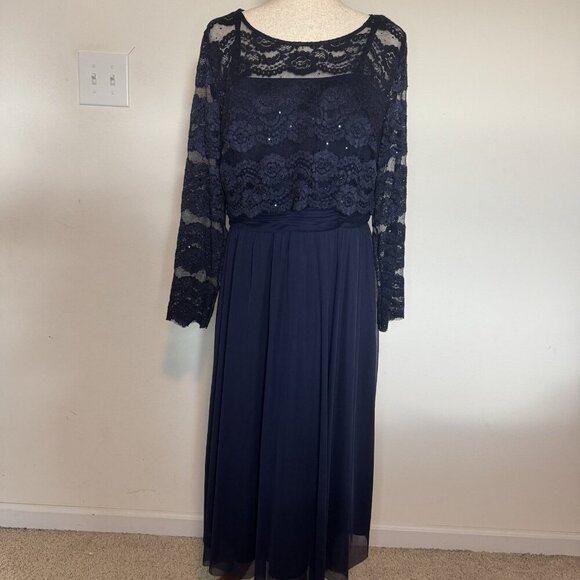 R&M Richards Dress & Attached Overlay Size 14 Navy Blue Lace Sequins 46” Long - Picture 1 of 14